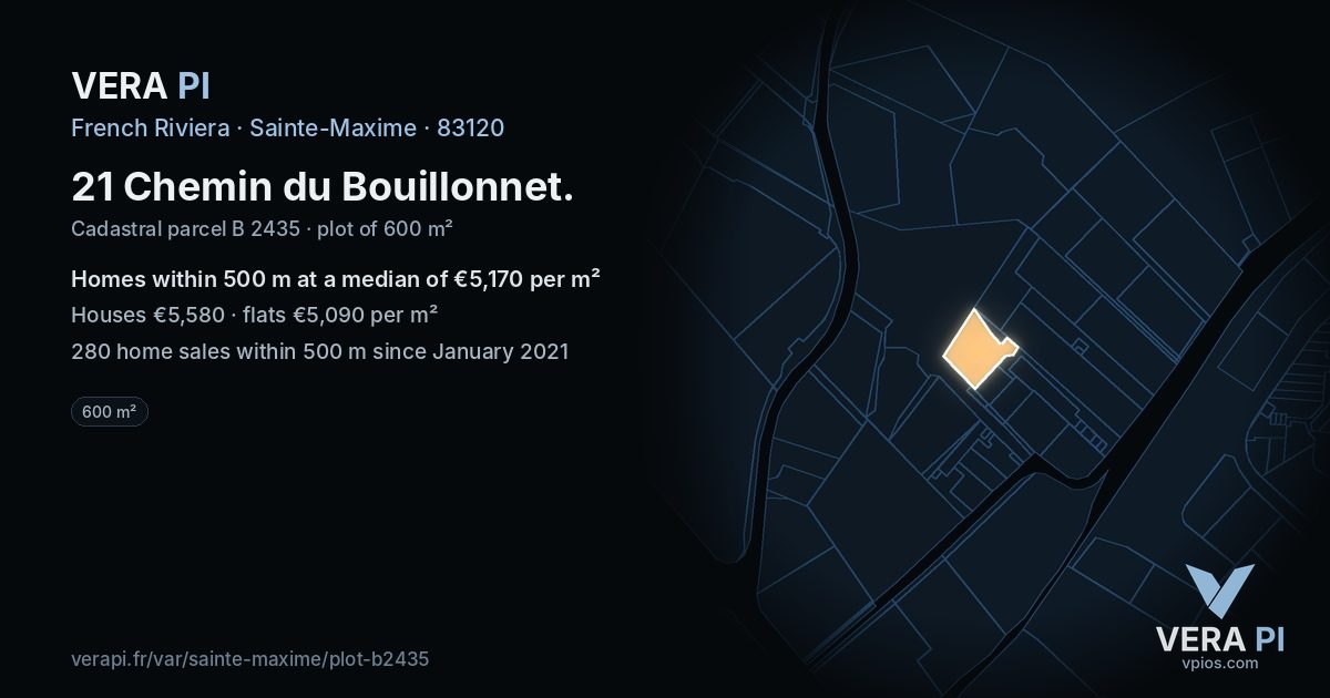 21 Chemin du Bouillonnet, Sainte-Maxime at night – the plot lit, the parcels around coloured by the prices near them