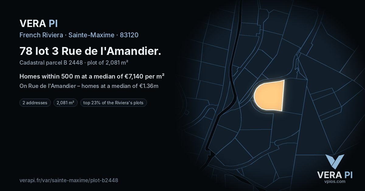 78 lot 3 Rue de l'Amandier, Sainte-Maxime at night – the plot lit, the parcels around coloured by the prices near them