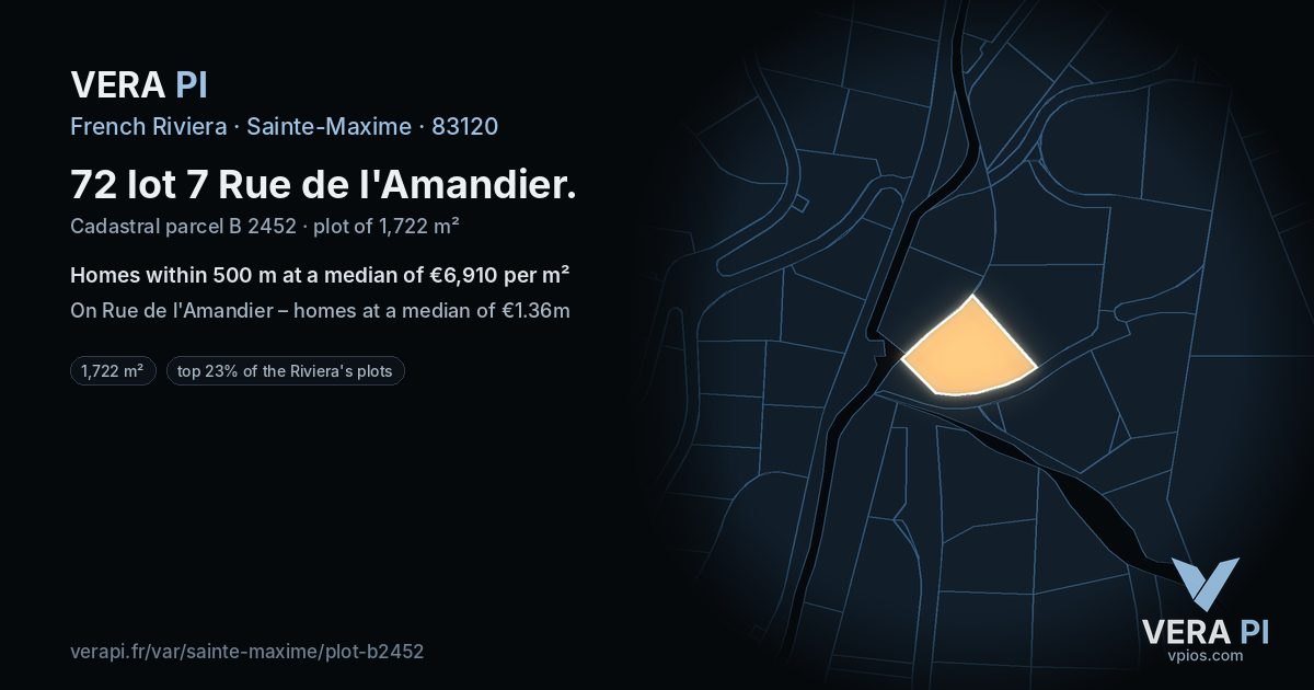 72 lot 7 Rue de l'Amandier, Sainte-Maxime at night – the plot lit, the parcels around coloured by the prices near them
