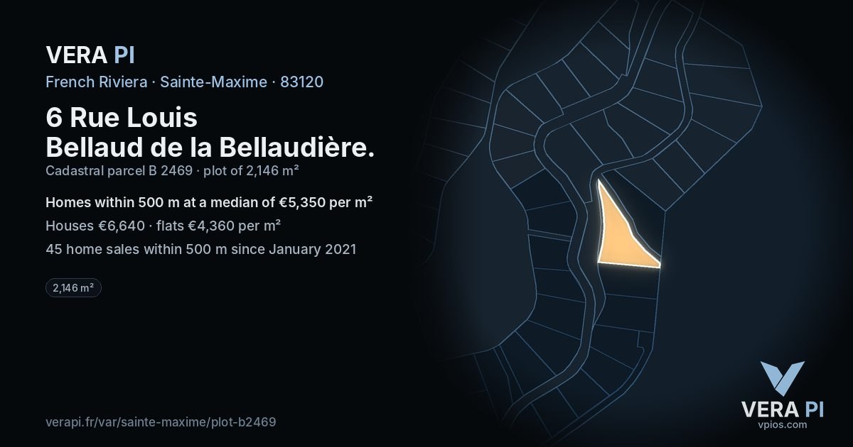 6 Rue Louis Bellaud de la Bellaudière, Sainte-Maxime at night – the plot lit, the parcels around coloured by the prices near them