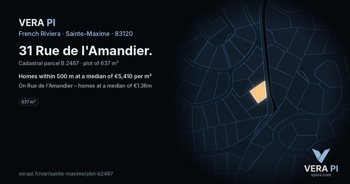 31 Rue de l'Amandier, Sainte-Maxime at night – the plot lit, the parcels around coloured by the prices near them