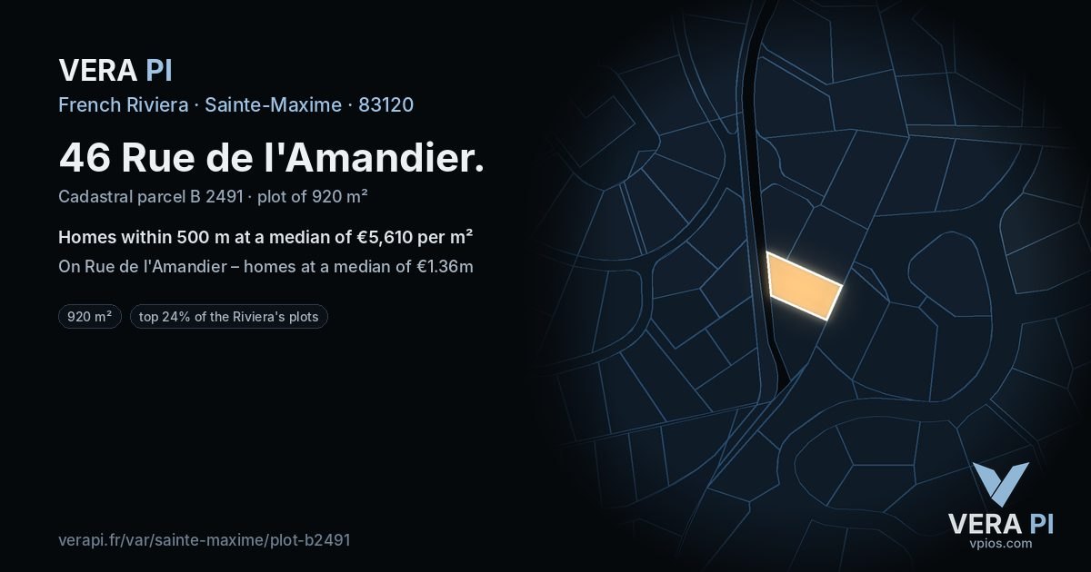 46 Rue de l'Amandier, Sainte-Maxime at night – the plot lit, the parcels around coloured by the prices near them