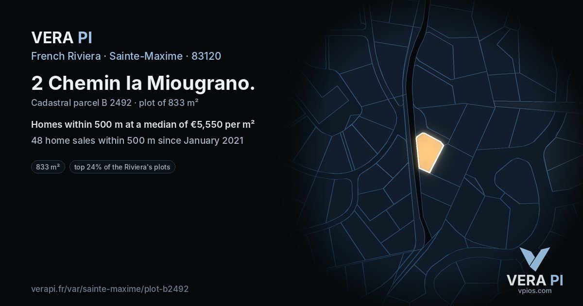 2 Chemin la Miougrano, Sainte-Maxime at night – the plot lit, the parcels around coloured by the prices near them