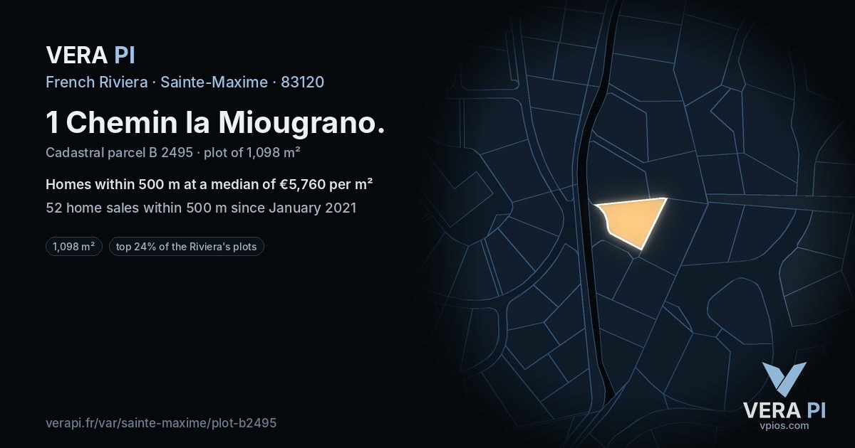 1 Chemin la Miougrano, Sainte-Maxime at night – the plot lit, the parcels around coloured by the prices near them