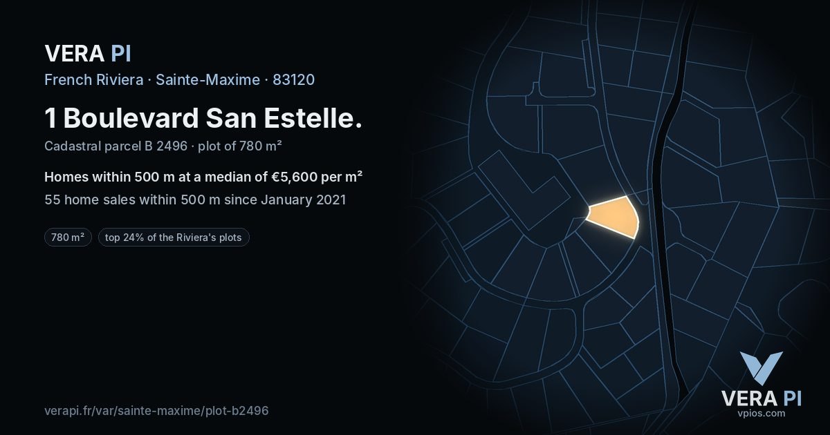 1 Boulevard San Estelle, Sainte-Maxime at night – the plot lit, the parcels around coloured by the prices near them