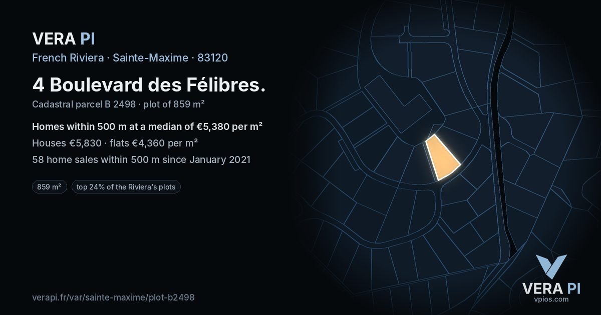 4 Boulevard des Félibres, Sainte-Maxime at night – the plot lit, the parcels around coloured by the prices near them