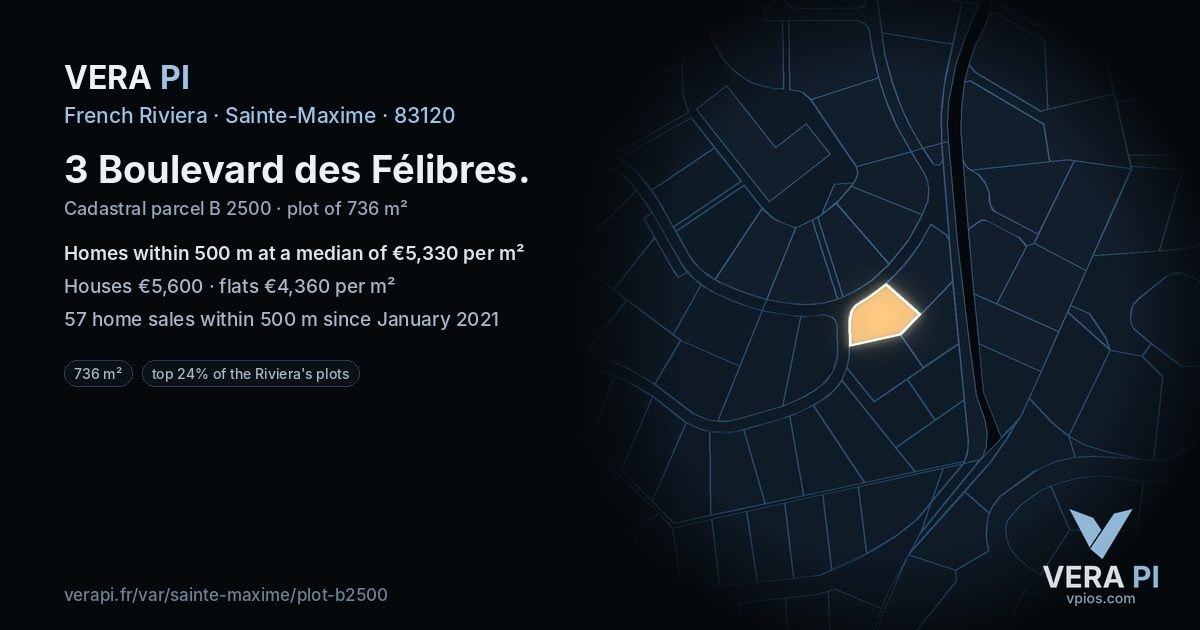 3 Boulevard des Félibres, Sainte-Maxime at night – the plot lit, the parcels around coloured by the prices near them