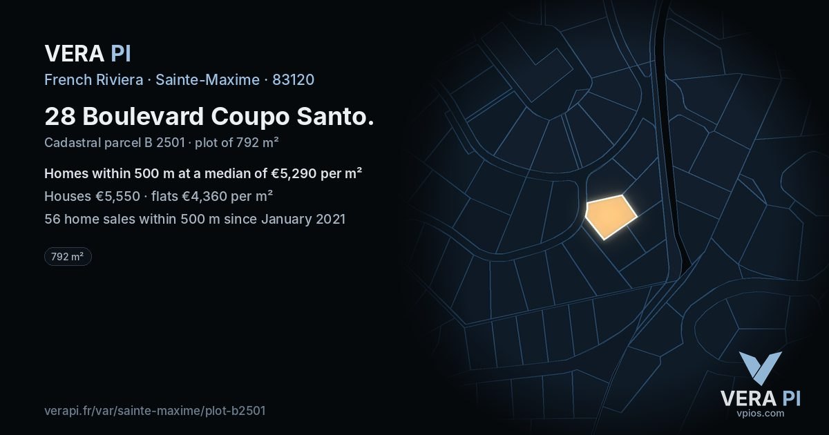 28 Boulevard Coupo Santo, Sainte-Maxime at night – the plot lit, the parcels around coloured by the prices near them