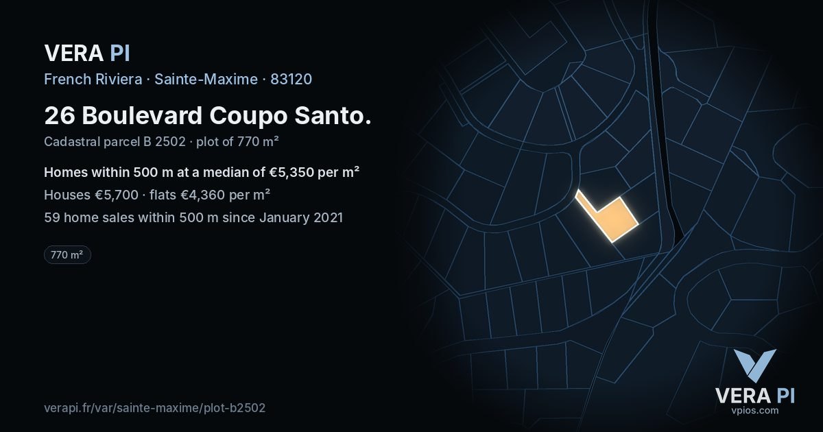 26 Boulevard Coupo Santo, Sainte-Maxime at night – the plot lit, the parcels around coloured by the prices near them