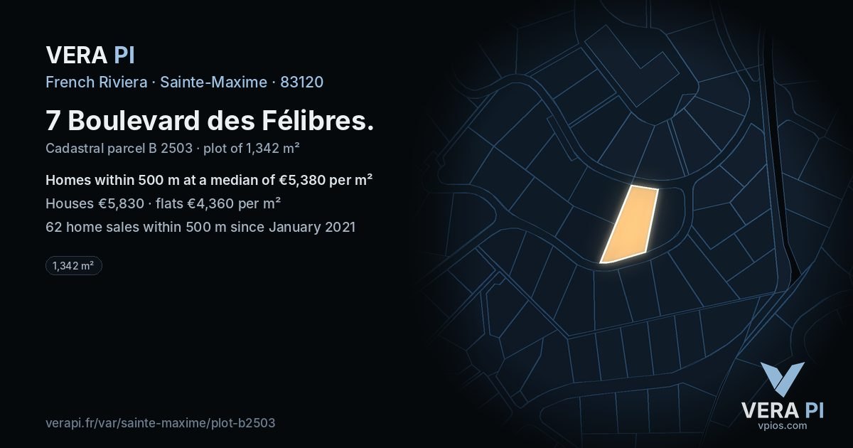 7 Boulevard des Félibres, Sainte-Maxime at night – the plot lit, the parcels around coloured by the prices near them