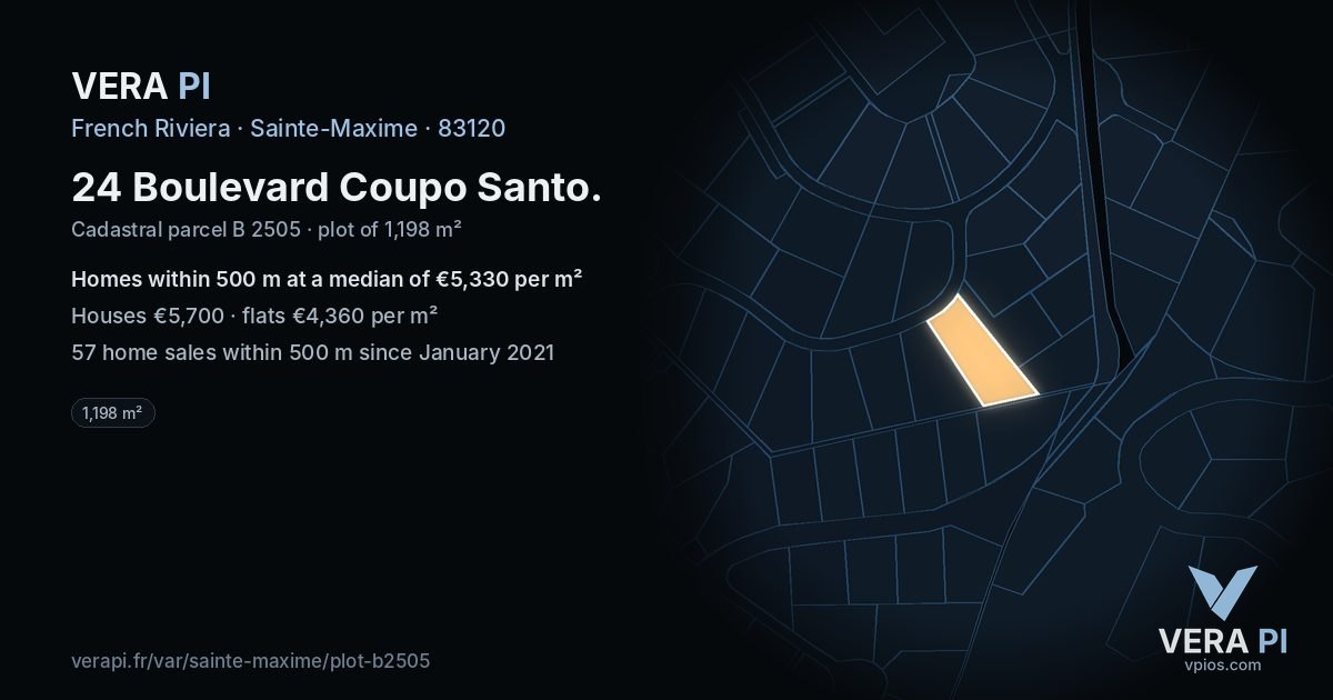 24 Boulevard Coupo Santo, Sainte-Maxime at night – the plot lit, the parcels around coloured by the prices near them