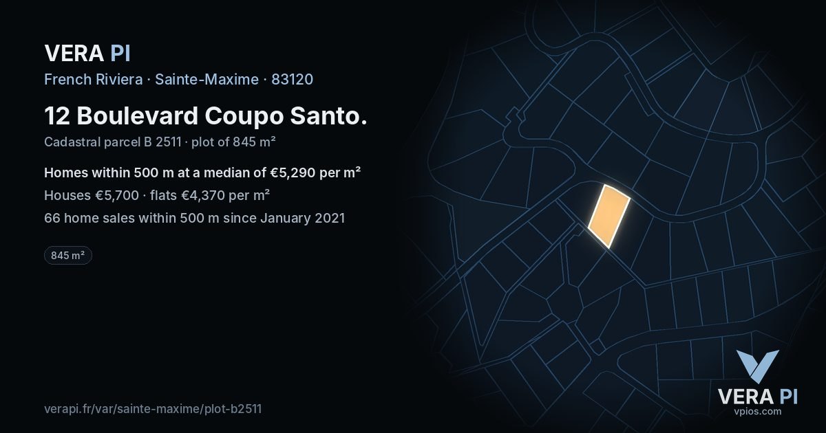 12 Boulevard Coupo Santo, Sainte-Maxime at night – the plot lit, the parcels around coloured by the prices near them
