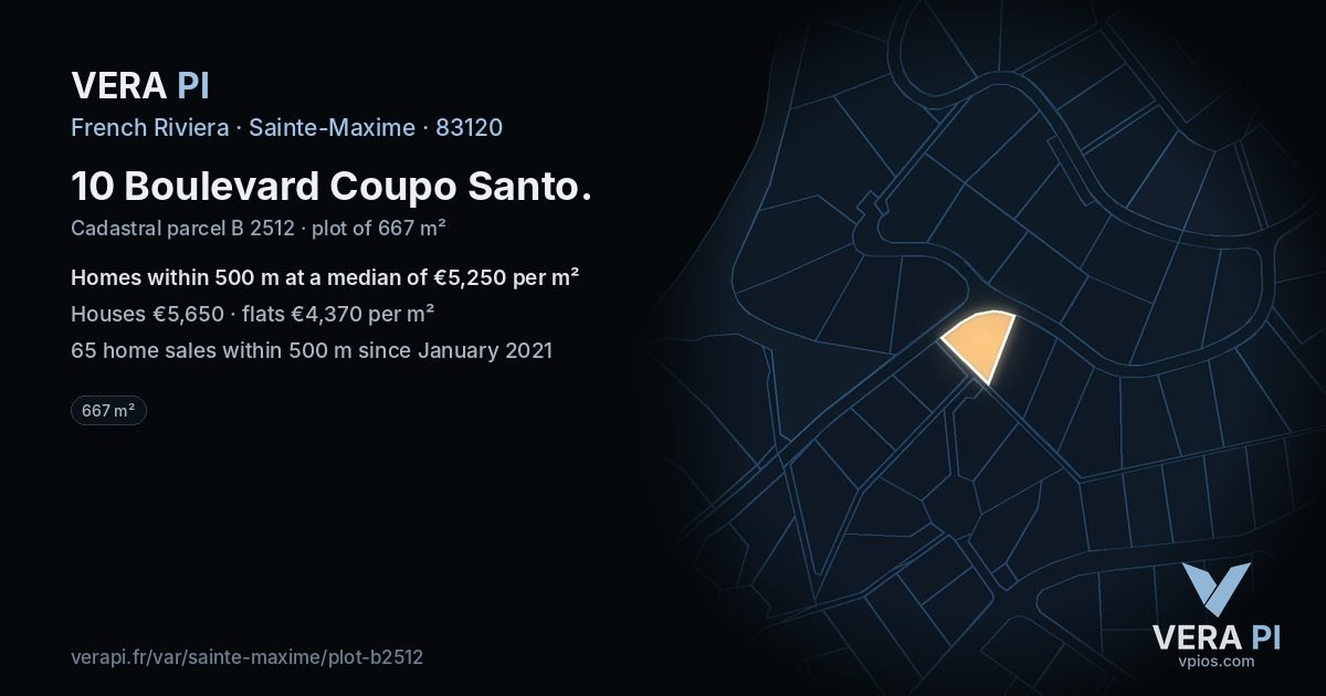 10 Boulevard Coupo Santo, Sainte-Maxime at night – the plot lit, the parcels around coloured by the prices near them