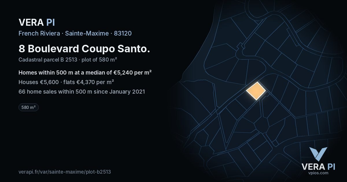 8 Boulevard Coupo Santo, Sainte-Maxime at night – the plot lit, the parcels around coloured by the prices near them