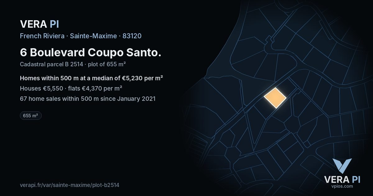 6 Boulevard Coupo Santo, Sainte-Maxime at night – the plot lit, the parcels around coloured by the prices near them