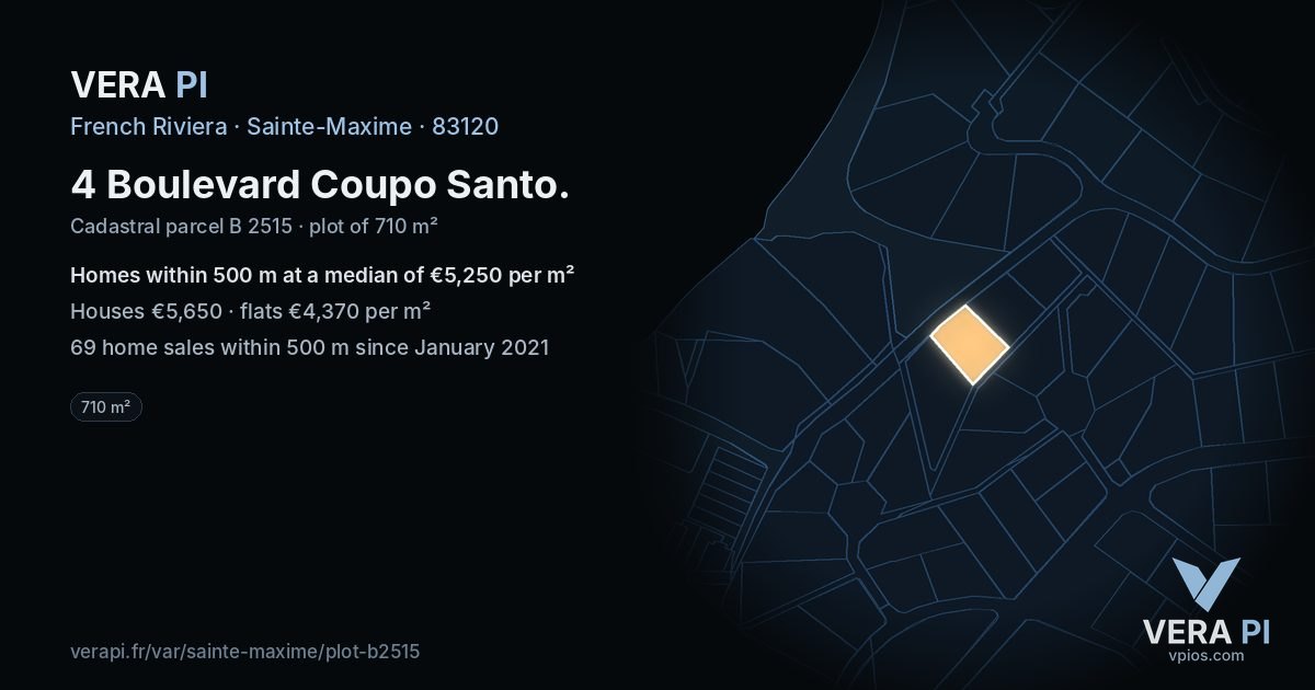 4 Boulevard Coupo Santo, Sainte-Maxime at night – the plot lit, the parcels around coloured by the prices near them