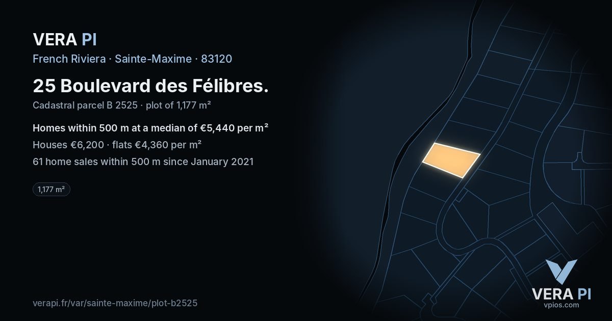 25 Boulevard des Félibres, Sainte-Maxime at night – the plot lit, the parcels around coloured by the prices near them