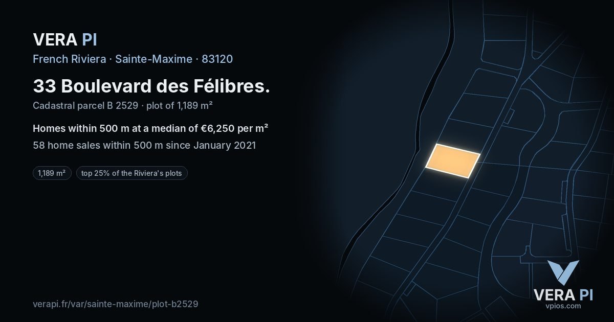 33 Boulevard des Félibres, Sainte-Maxime at night – the plot lit, the parcels around coloured by the prices near them