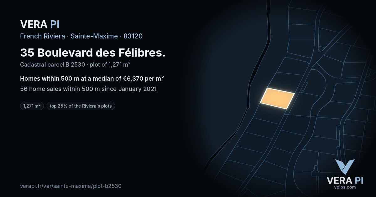 35 Boulevard des Félibres, Sainte-Maxime at night – the plot lit, the parcels around coloured by the prices near them