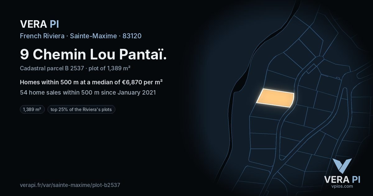 9 Chemin Lou Pantaï, Sainte-Maxime at night – the plot lit, the parcels around coloured by the prices near them