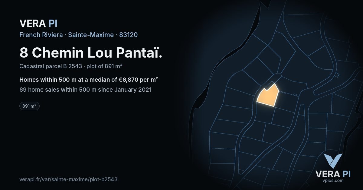 8 Chemin Lou Pantaï, Sainte-Maxime at night – the plot lit, the parcels around coloured by the prices near them