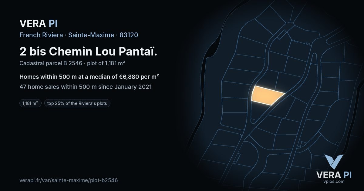 2 bis Chemin Lou Pantaï, Sainte-Maxime at night – the plot lit, the parcels around coloured by the prices near them