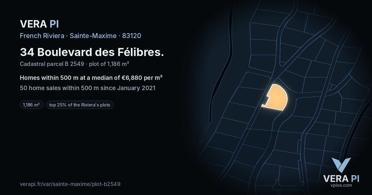 34 Boulevard des Félibres, Sainte-Maxime at night – the plot lit, the parcels around coloured by the prices near them