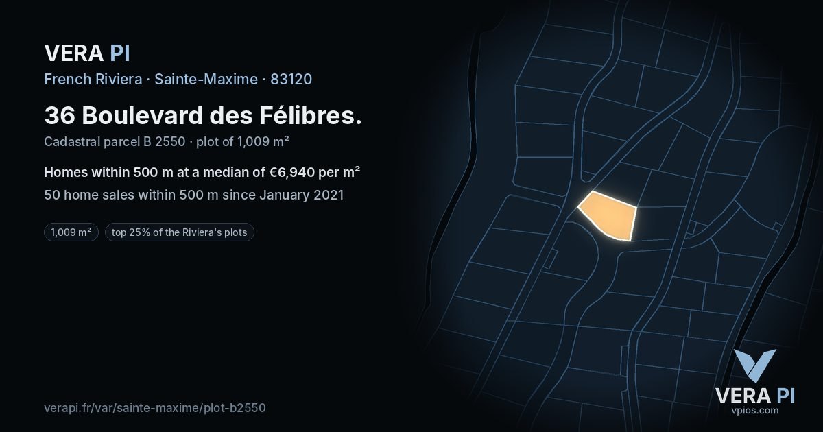 36 Boulevard des Félibres, Sainte-Maxime at night – the plot lit, the parcels around coloured by the prices near them