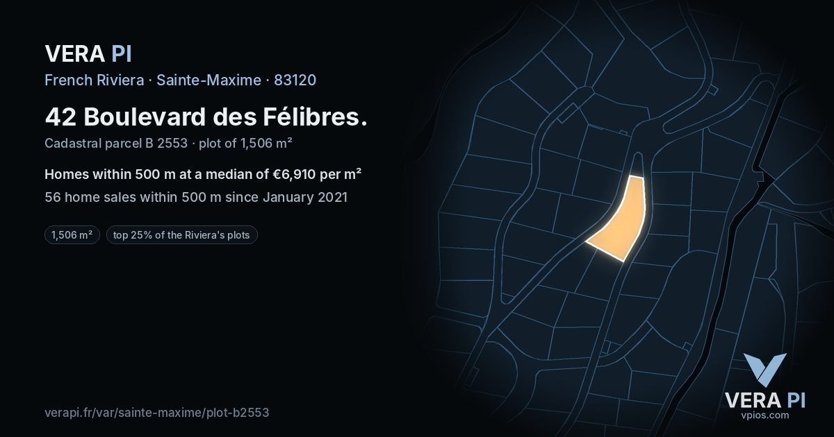 42 Boulevard des Félibres, Sainte-Maxime at night – the plot lit, the parcels around coloured by the prices near them