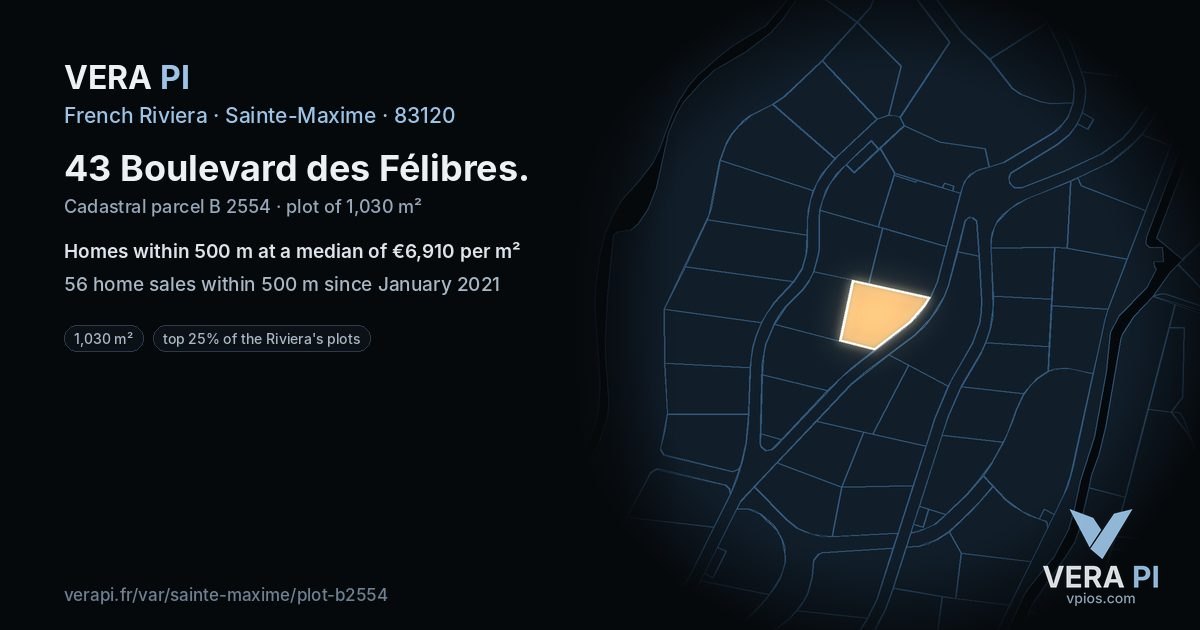 43 Boulevard des Félibres, Sainte-Maxime at night – the plot lit, the parcels around coloured by the prices near them