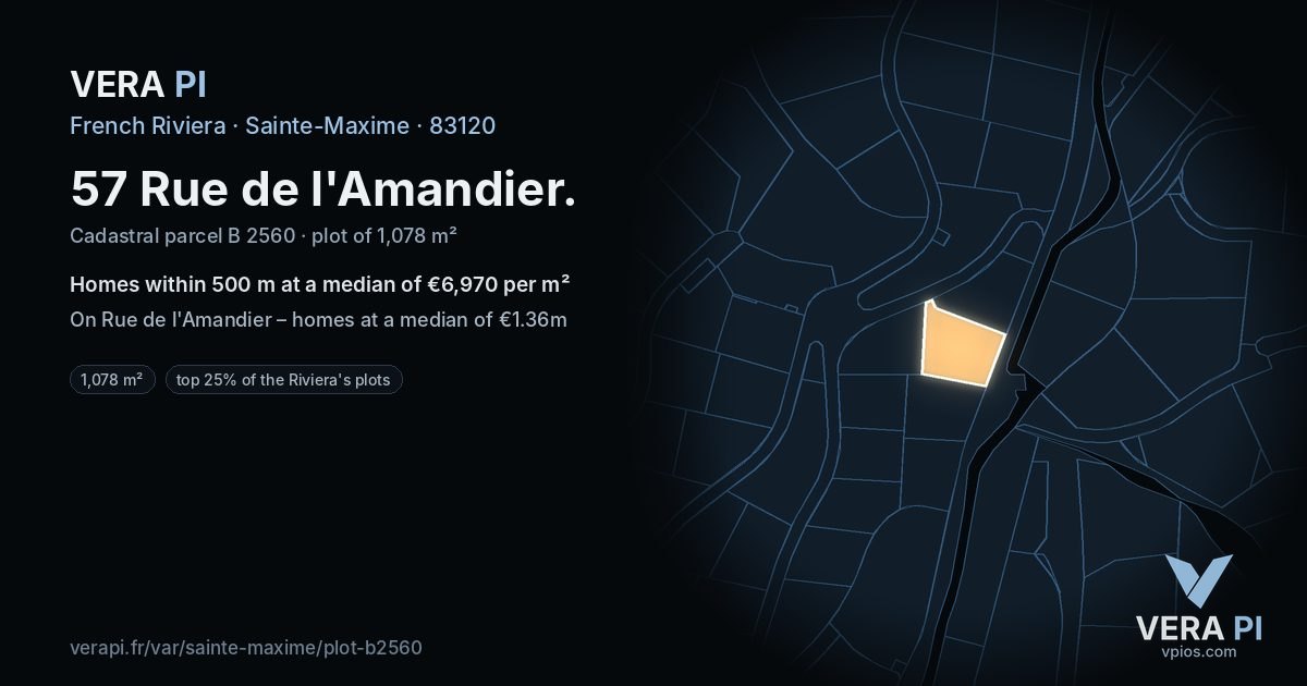 57 Rue de l'Amandier, Sainte-Maxime at night – the plot lit, the parcels around coloured by the prices near them