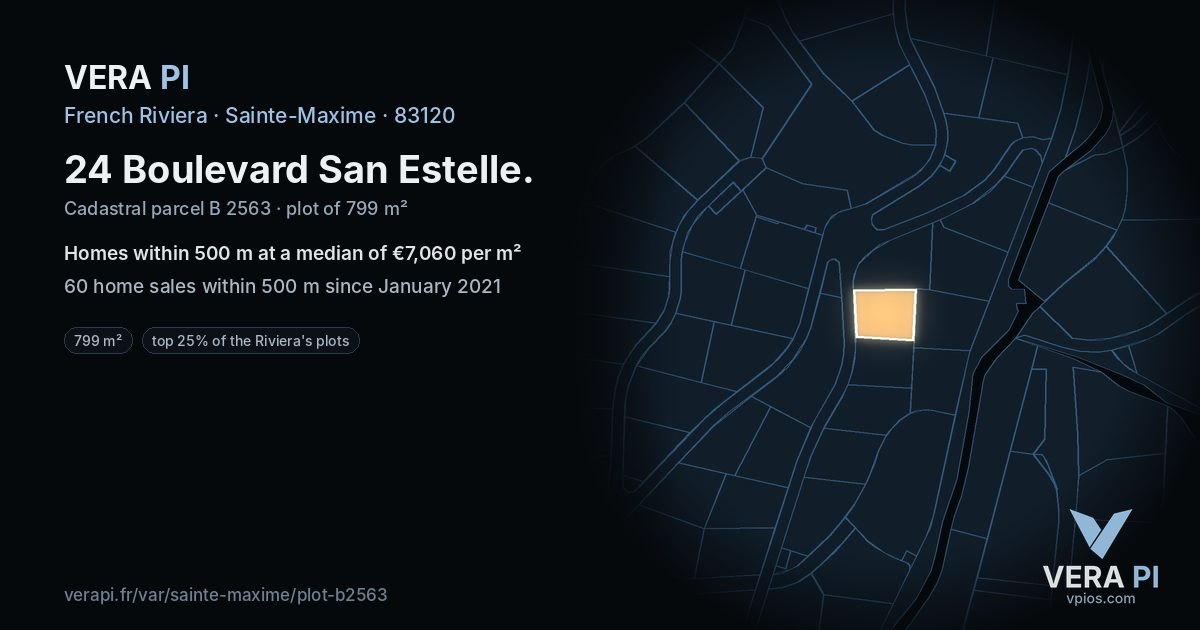 24 Boulevard San Estelle, Sainte-Maxime at night – the plot lit, the parcels around coloured by the prices near them