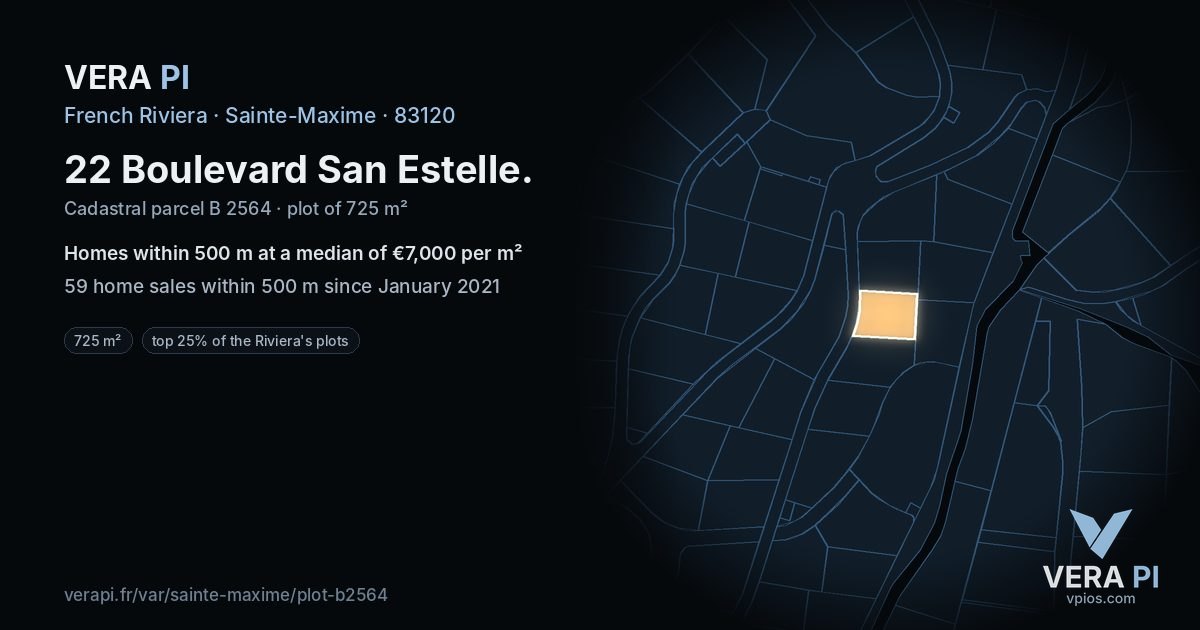 22 Boulevard San Estelle, Sainte-Maxime at night – the plot lit, the parcels around coloured by the prices near them