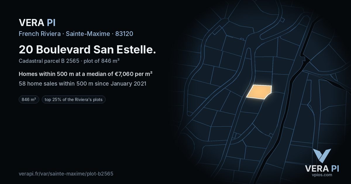 20 Boulevard San Estelle, Sainte-Maxime at night – the plot lit, the parcels around coloured by the prices near them