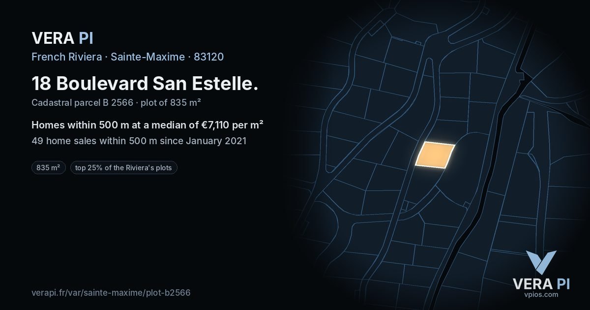 18 Boulevard San Estelle, Sainte-Maxime at night – the plot lit, the parcels around coloured by the prices near them