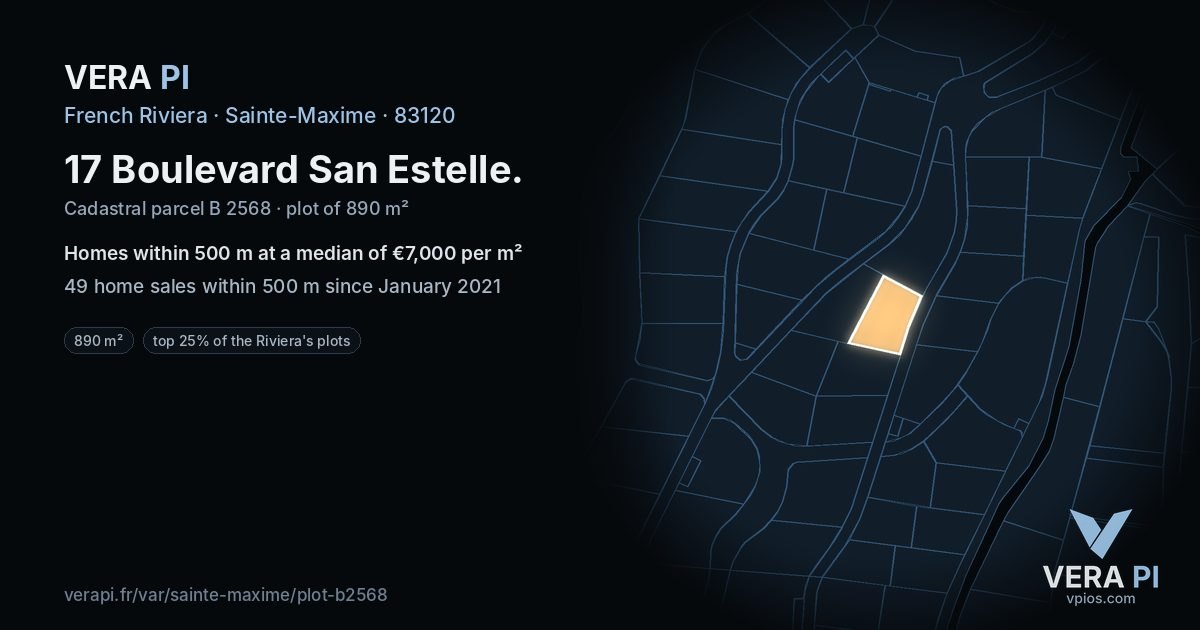 17 Boulevard San Estelle, Sainte-Maxime at night – the plot lit, the parcels around coloured by the prices near them