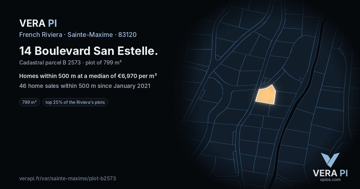 14 Boulevard San Estelle, Sainte-Maxime at night – the plot lit, the parcels around coloured by the prices near them