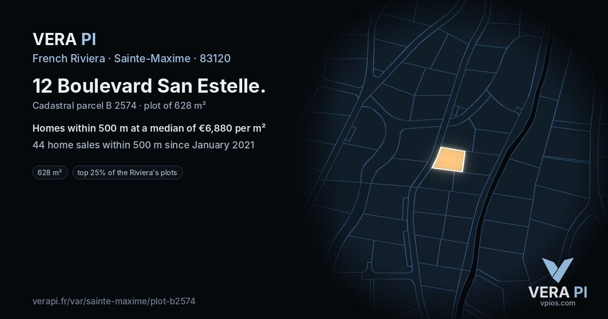 12 Boulevard San Estelle, Sainte-Maxime at night – the plot lit, the parcels around coloured by the prices near them