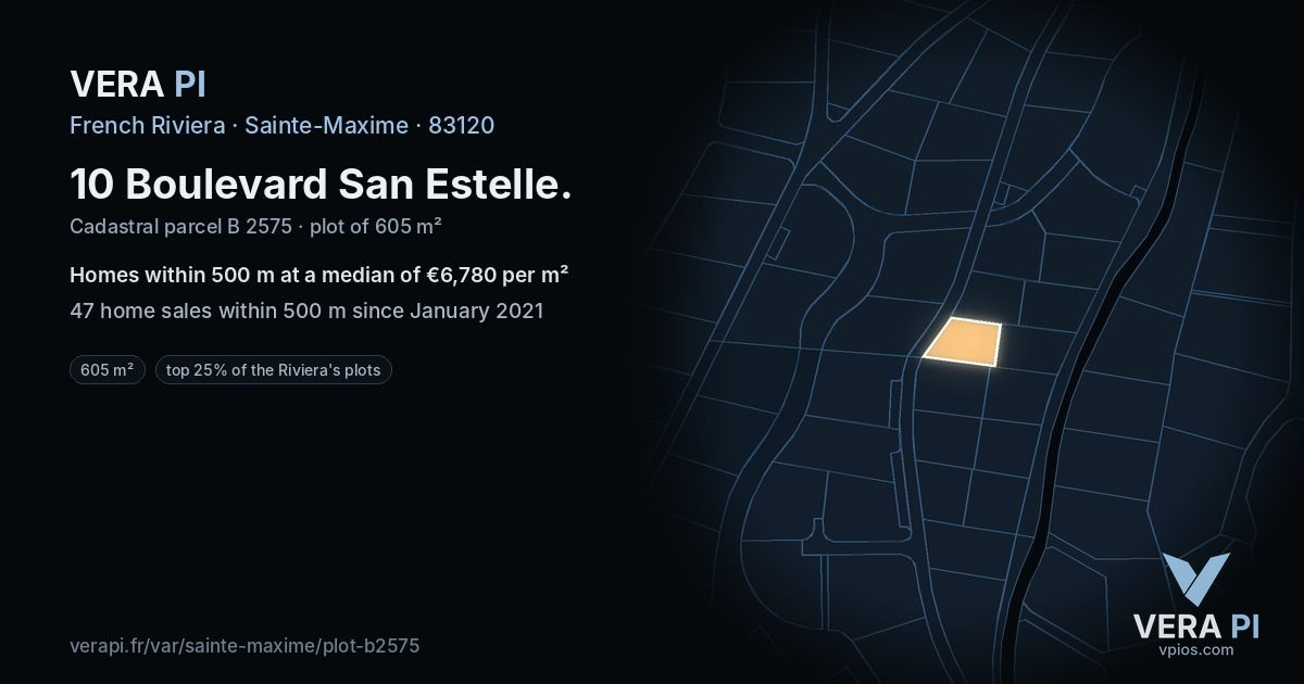 10 Boulevard San Estelle, Sainte-Maxime at night – the plot lit, the parcels around coloured by the prices near them