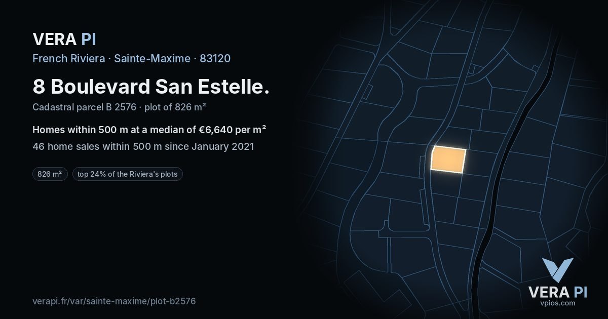 8 Boulevard San Estelle, Sainte-Maxime at night – the plot lit, the parcels around coloured by the prices near them