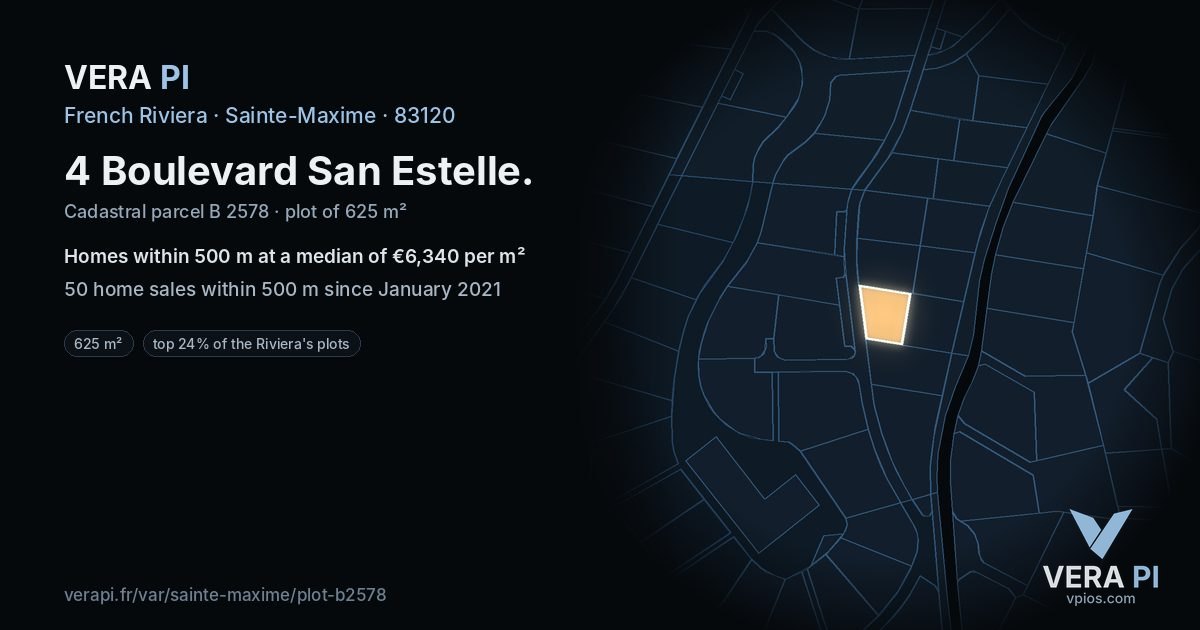 4 Boulevard San Estelle, Sainte-Maxime at night – the plot lit, the parcels around coloured by the prices near them