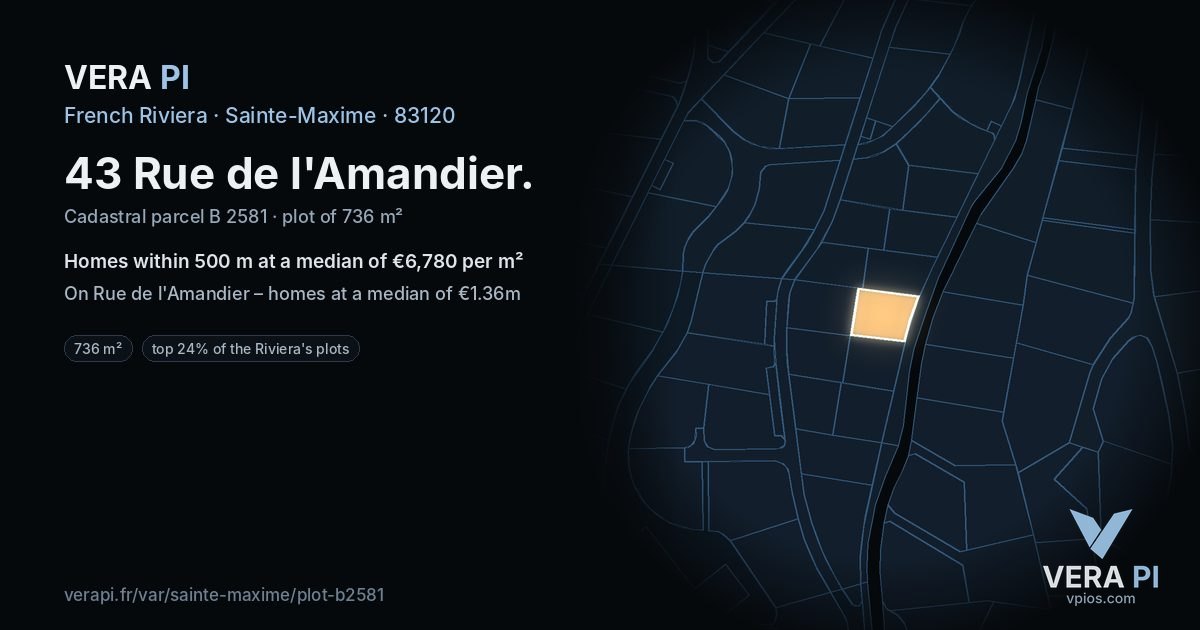 43 Rue de l'Amandier, Sainte-Maxime at night – the plot lit, the parcels around coloured by the prices near them