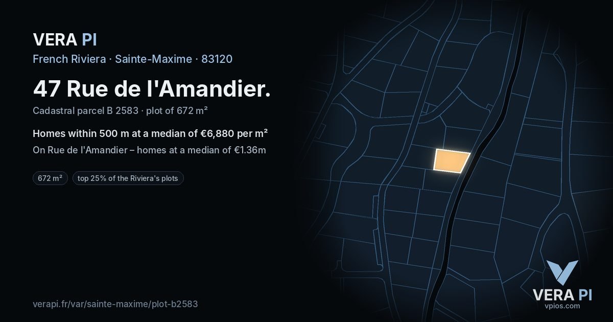 47 Rue de l'Amandier, Sainte-Maxime at night – the plot lit, the parcels around coloured by the prices near them