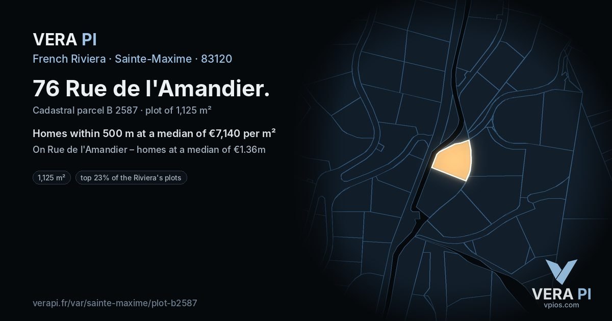 76 Rue de l'Amandier, Sainte-Maxime at night – the plot lit, the parcels around coloured by the prices near them