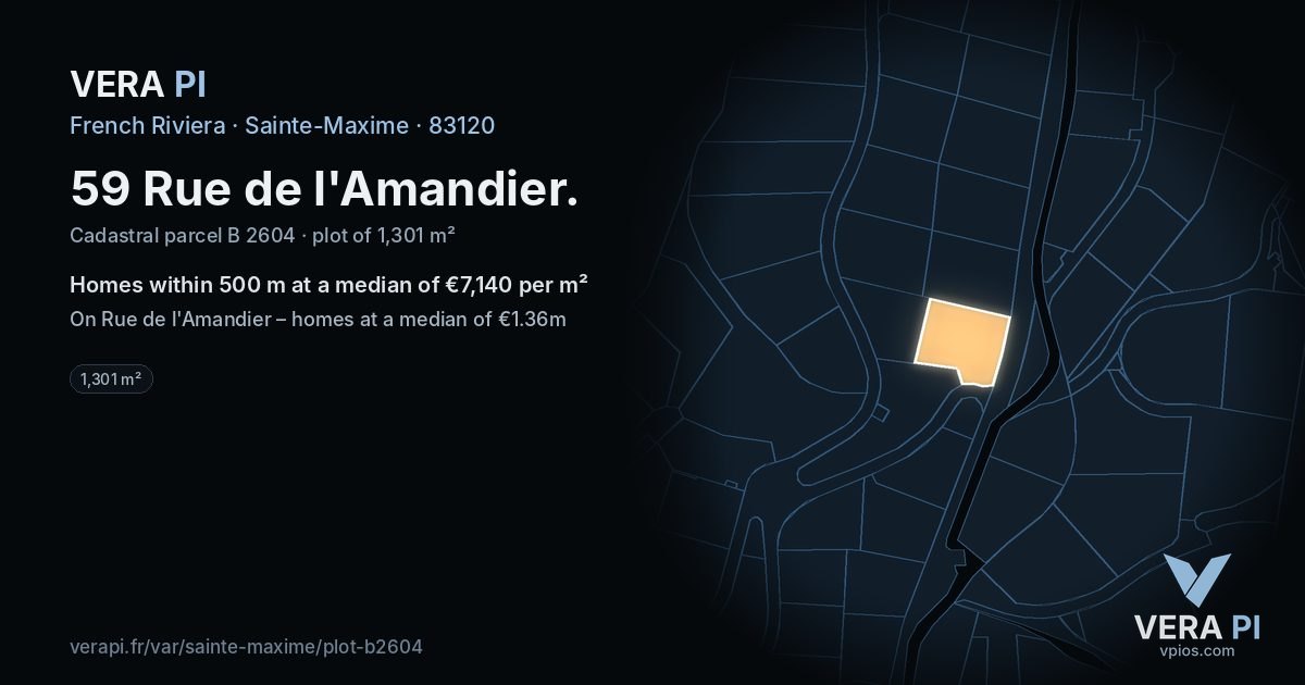 59 Rue de l'Amandier, Sainte-Maxime at night – the plot lit, the parcels around coloured by the prices near them
