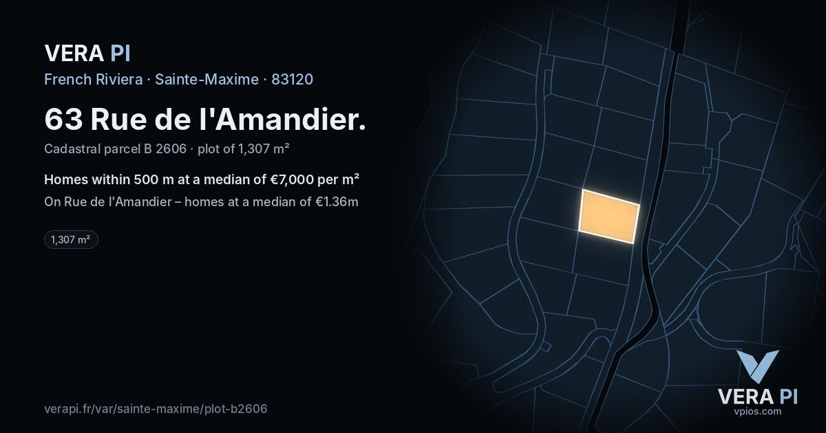 63 Rue de l'Amandier, Sainte-Maxime at night – the plot lit, the parcels around coloured by the prices near them