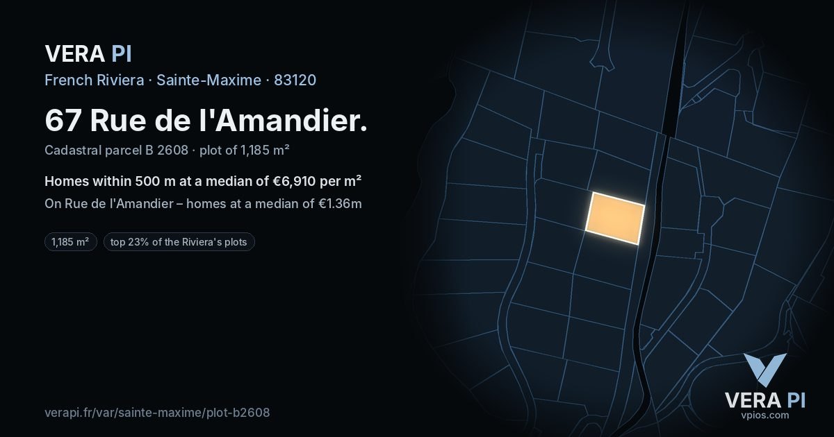 67 Rue de l'Amandier, Sainte-Maxime at night – the plot lit, the parcels around coloured by the prices near them