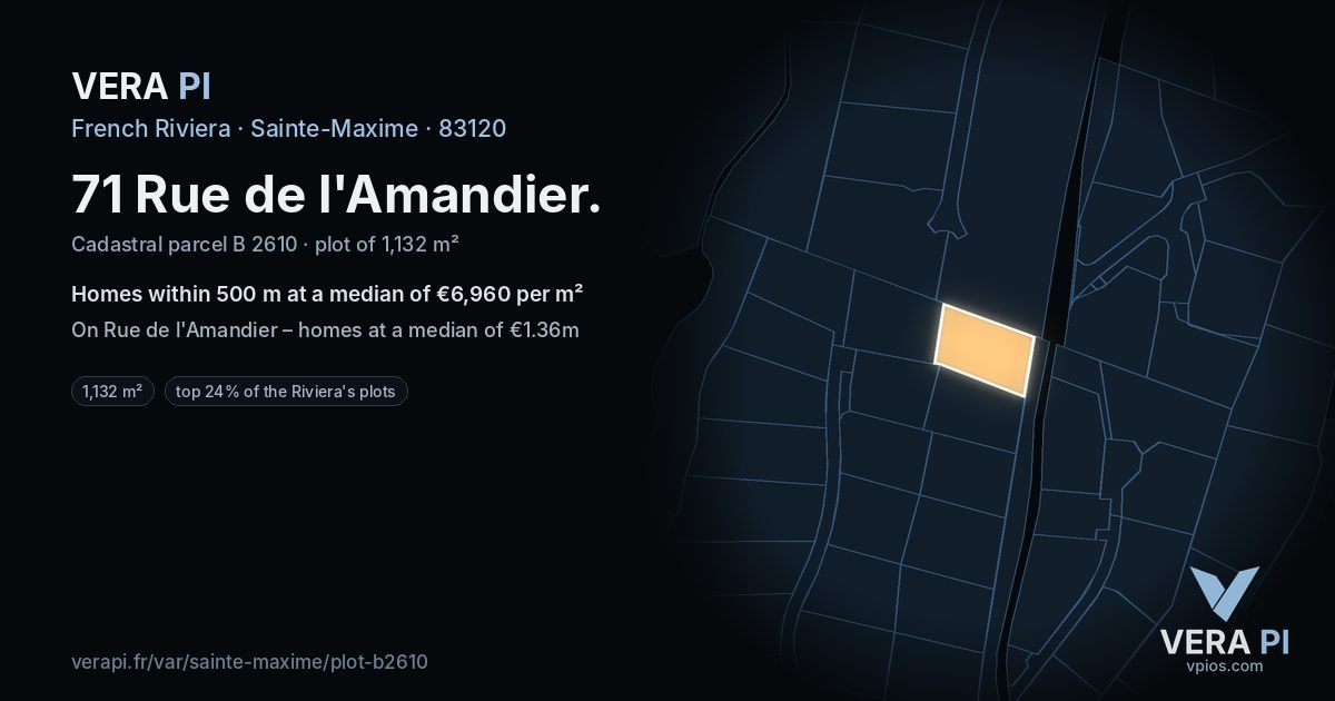 71 Rue de l'Amandier, Sainte-Maxime at night – the plot lit, the parcels around coloured by the prices near them