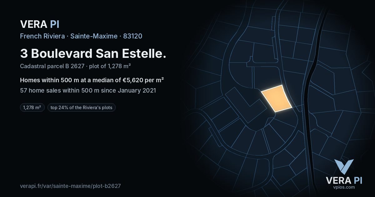 3 Boulevard San Estelle, Sainte-Maxime at night – the plot lit, the parcels around coloured by the prices near them