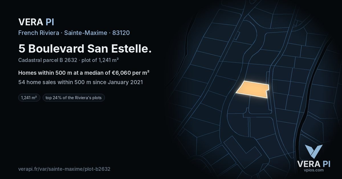 5 Boulevard San Estelle, Sainte-Maxime at night – the plot lit, the parcels around coloured by the prices near them